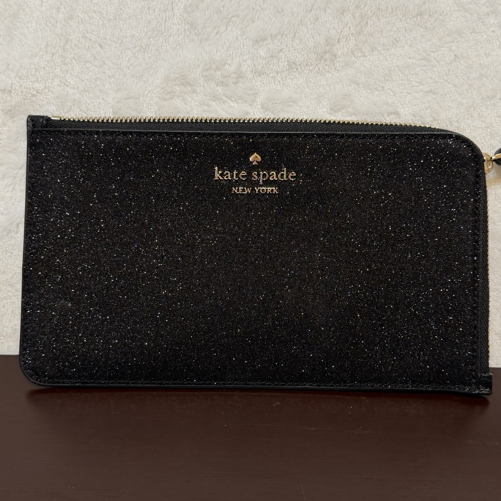 Kate Spade New York Black Glitter Wristlet w/ Gold Accents 2023 Wrap Around Zip